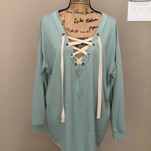 Women's Lace-Up V-Neck Top - Teal